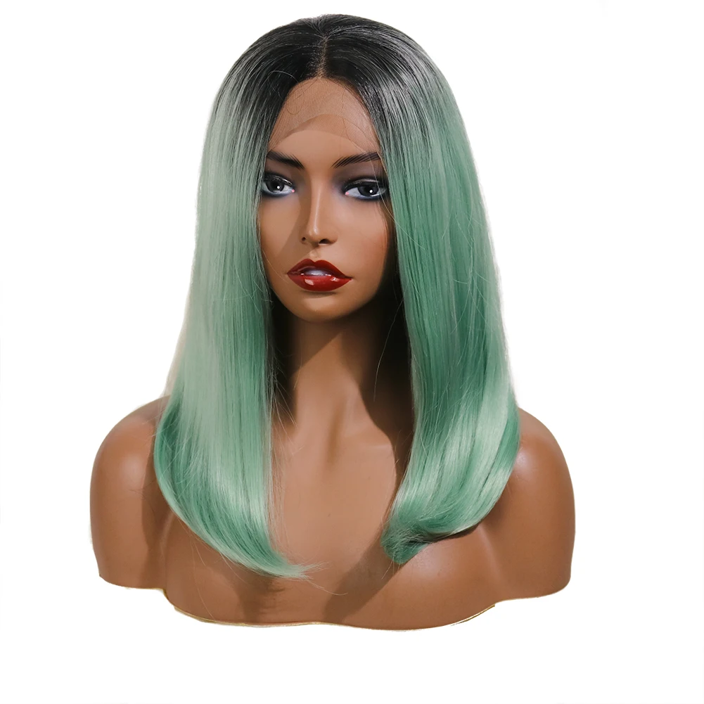 

Light Green ombre Black Roots Bob Lace Wig Synthetic Lace Wig Heat Resistant Hair Glueless Colorful Lace Wig For Women