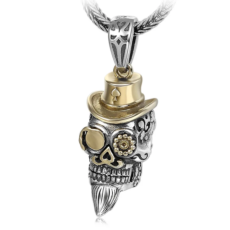 

S925 Sterling Silver Trend Fashion Necklace Pendant for Men and Women Hat Beard Skull Pendant Thai Silver Vintage Jewelry