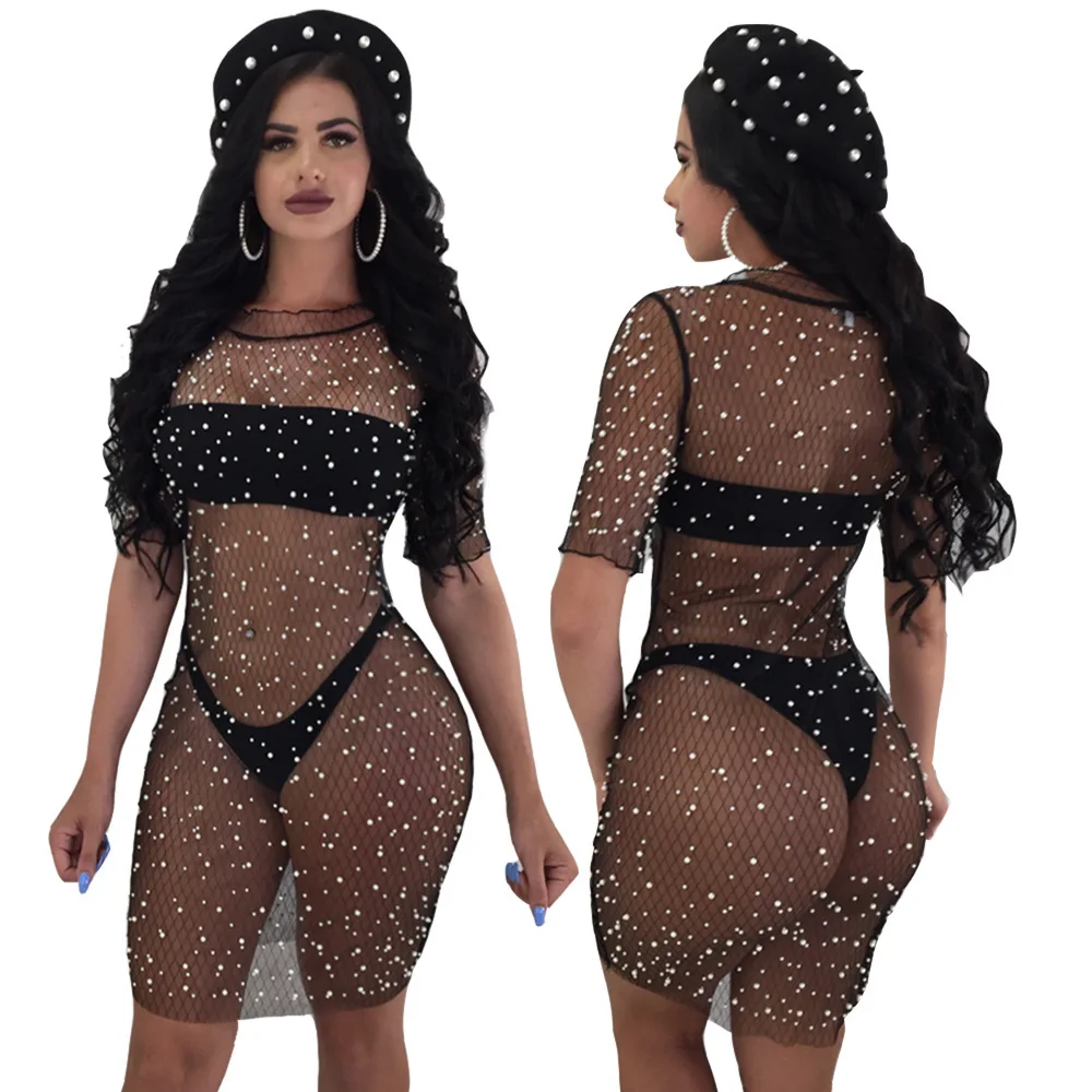 

Wholesale bead design ladies transparent fishnet sexi club dress