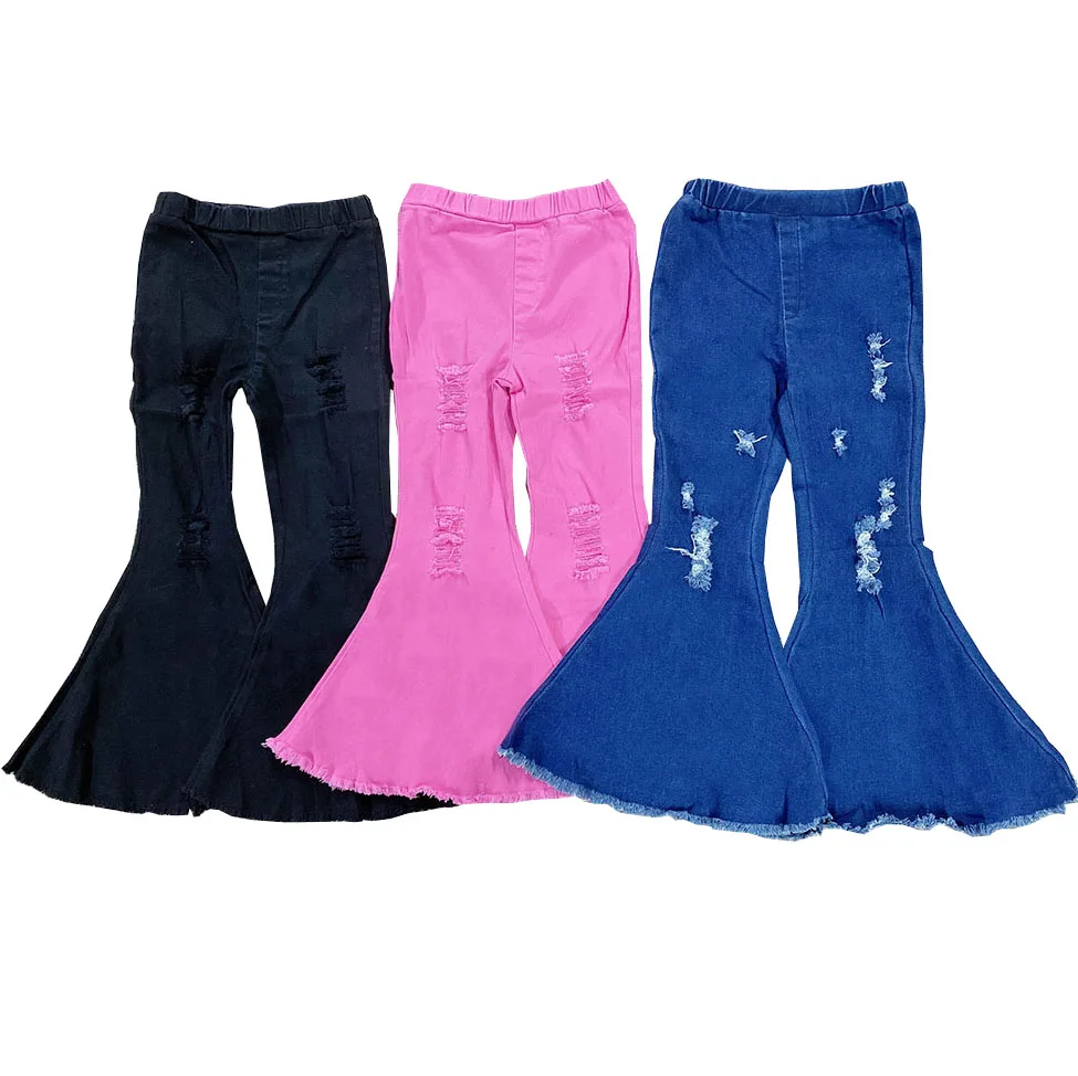 

Plain color fashion kids fall denim jeans bell-bottom holes young girls full length flare pant, As picture show