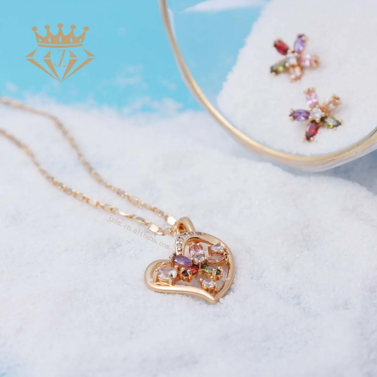 

Wholesale Colorful Dubai Cheap Bridal 18k Gold Plated Jewelry Heart Shaped Colored Zircon Earrings Chain Necklace 3pcs Sets, Champagne color