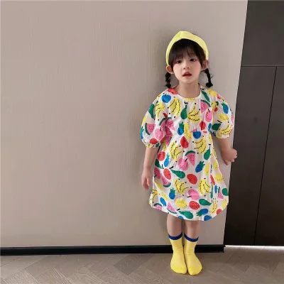 

Sweet Casual Kids Clothing Cotton Printed Fruit Princess Dress Children Baby Girls Dress For Summer 2021
