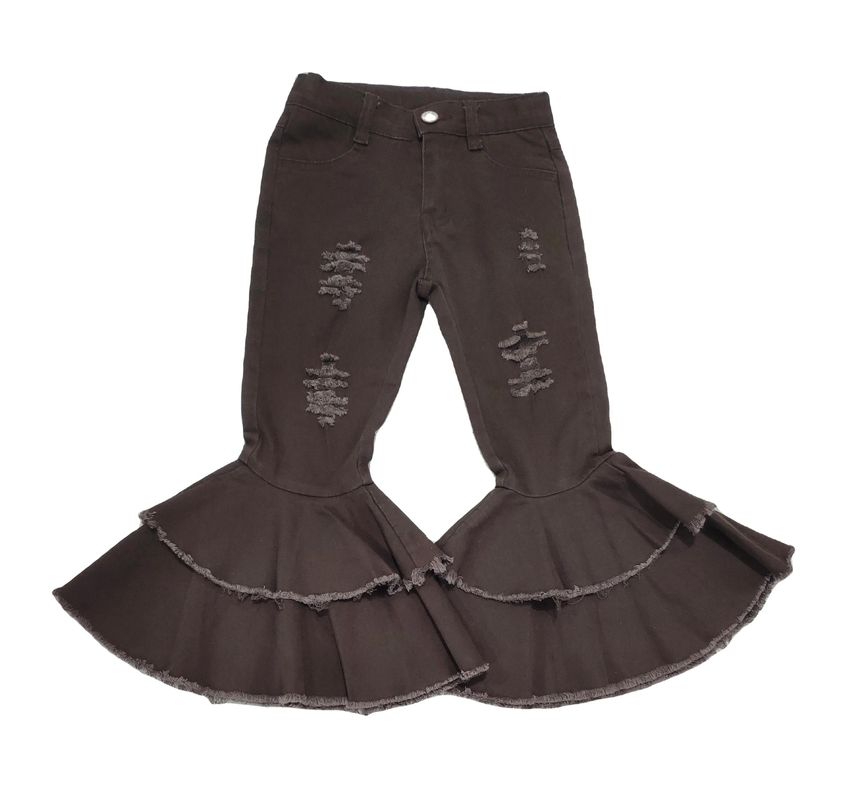 
Kids denim wide leg flare bell bottom pants girls boutique solid color pants wholesale elastic fabric 
