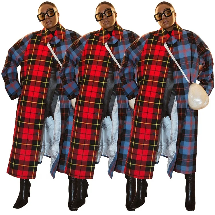 

MT233-6097 New design fashion ladies plaid long trench coat women jacket wholesale