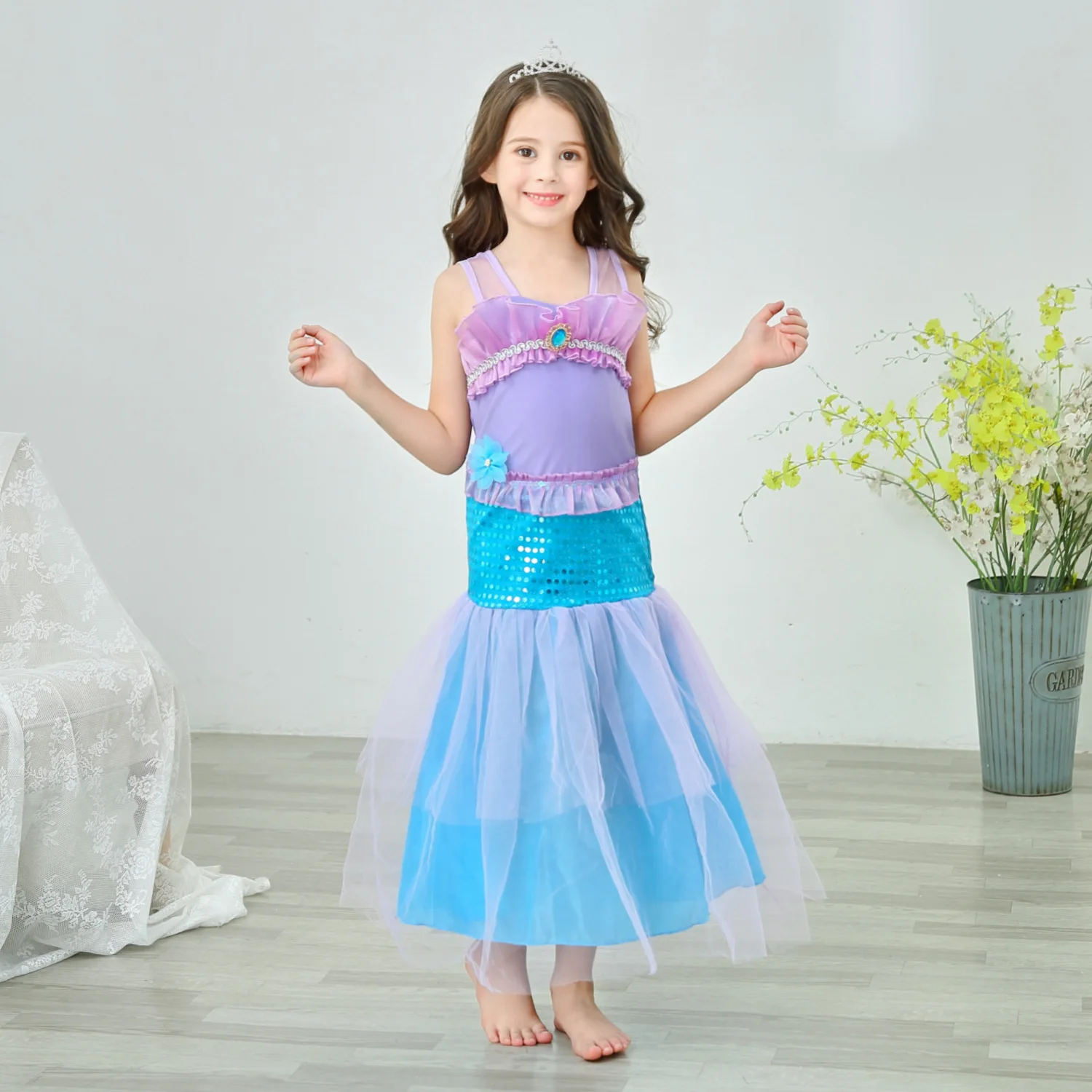 

Halloween Children Mermaid Princess Dress Kids Shiny Blue Purple Tulle Multilayer Girl Party Dress