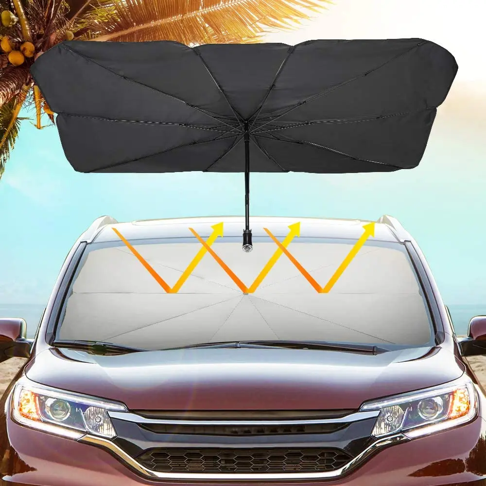 

Foldable Car Sunshade Umbrella Metal Frame Plastic Handle Manual Outdoor Support UV 190T Black Block Pongee Fabric Reverse Black