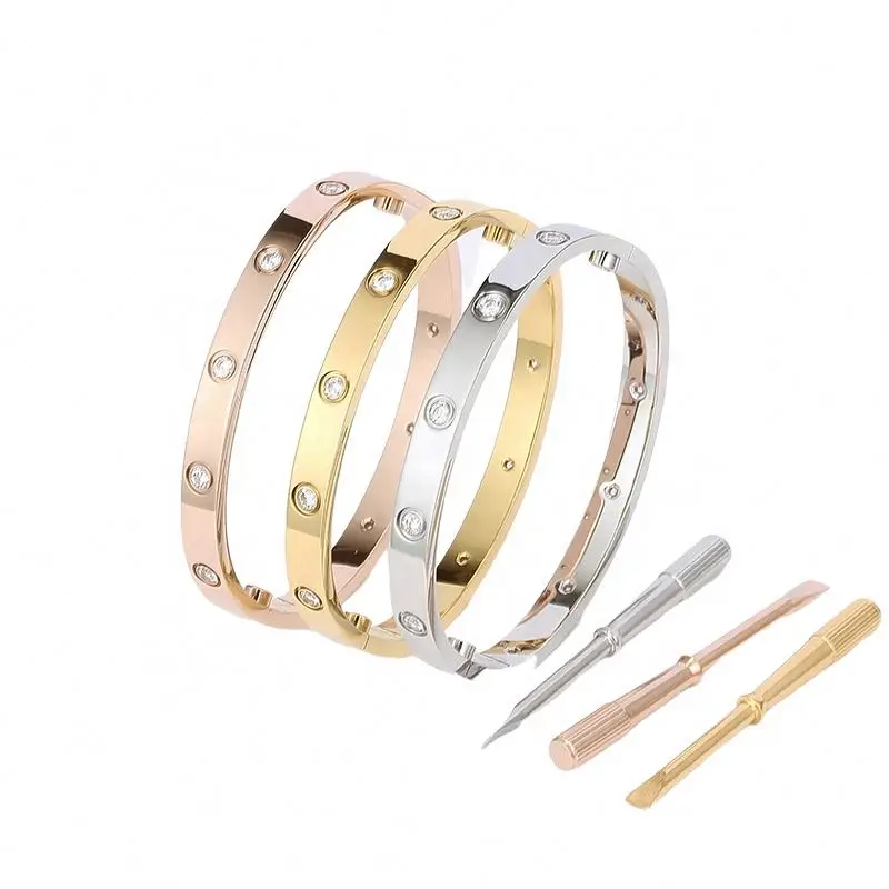 

LONGYAO SCREW Bracelets with 10/4 crystals for women men Couple Gold Plated Jewelry with screwdriver LOVE Bangles