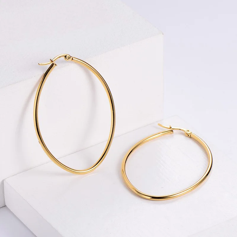 

Aretes Circulares Dorado Custom Stainless Steel 18K Gold Plated Jewelry Minimalist Geometrical Oval Big Hoop Earrings For Women