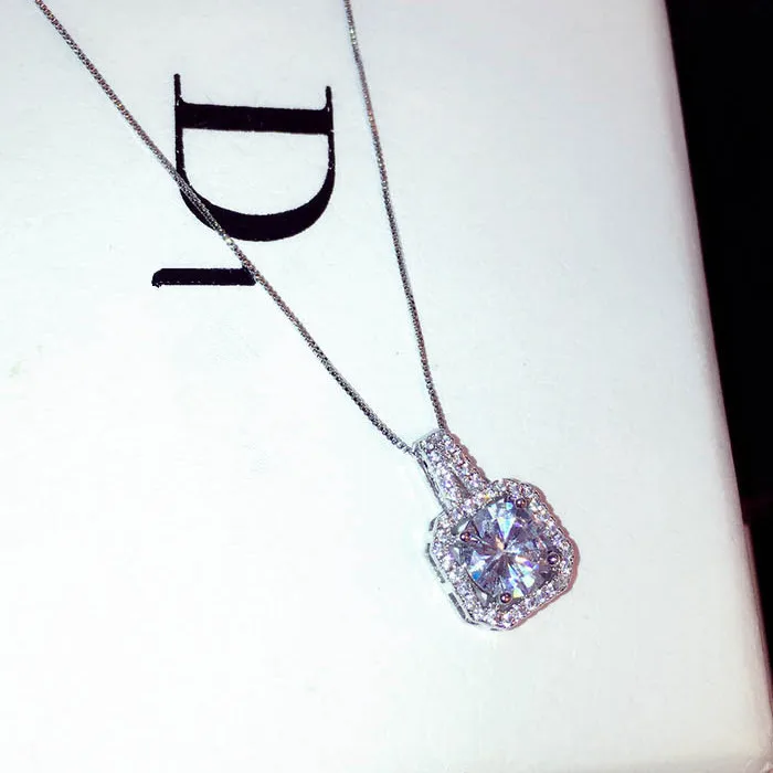 

Korean Exquisite Silver Plated Geometric Cubic Zirconia Necklace Micro Paved Square CZ Zircon Necklace For Wedding