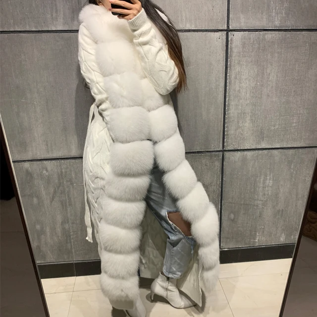 

Winter new fashion ladies natural fur cardigan women real fox fur sweater X-long sweater with big fur collar