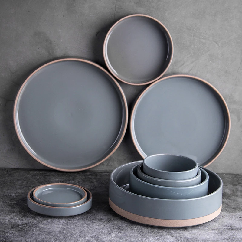 

Grey color Ceramic Restaurant Dinnerware Set from Chaozhou ceramic Factory Hotel Luxury Porcelain round Dinner Tableware Set, Light green / light brown / light blue