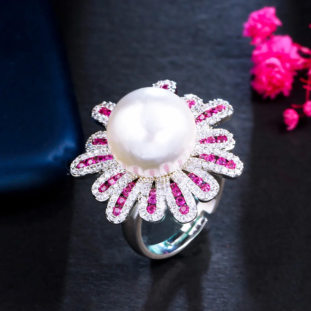 

Adjustable Size Luxury Chunky Fuchsia Cubic Zirconia Big Flower Pearl Opening Joint Rings for Women Engagement Party CZ Jewelry