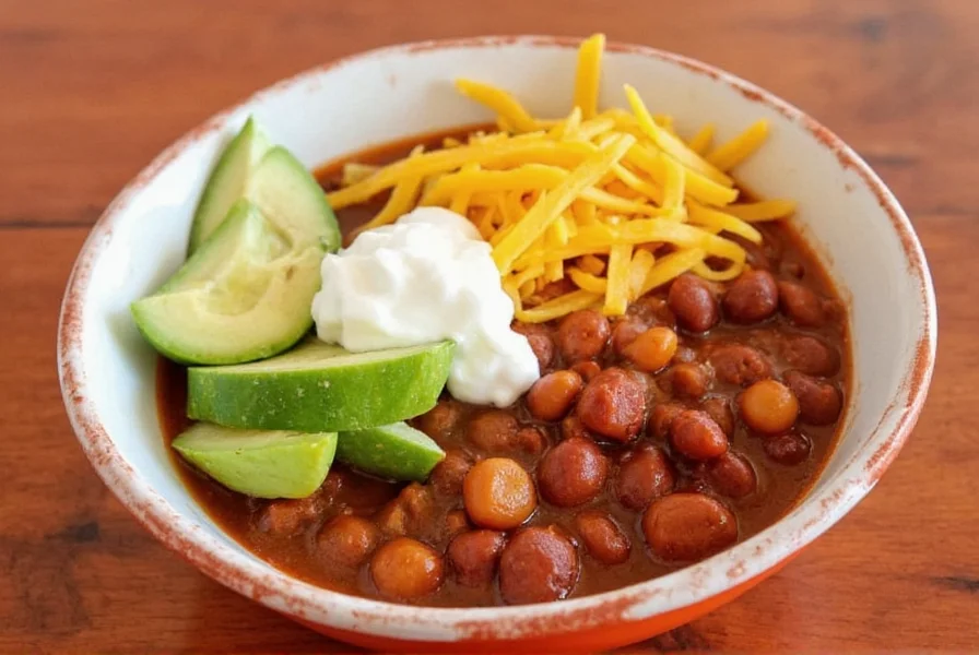 Finished bowl of homemade stove top chili with toppings like sour cream and cheese