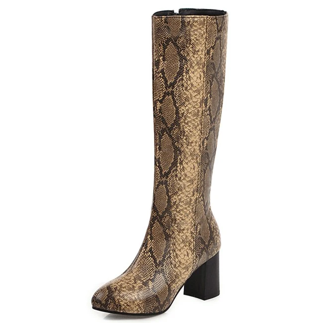 

Latest Design Women Snake Print Pointy Toe Boots Western Knee High Square Heel Booties Calf High Sexy Long Boots for Lady, Black white red brown