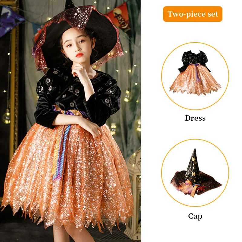 

LZH Halloween Kids Girls Witch Dresses Children Vampire Costume Cosplay Carnival Party Princess Fancy Dress Up
