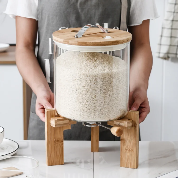 

Kitchen Use Glass Rice Dispenser Bucket Tank With Sealed Wooden Cover Base And Glass Measuring Cup, Transparent