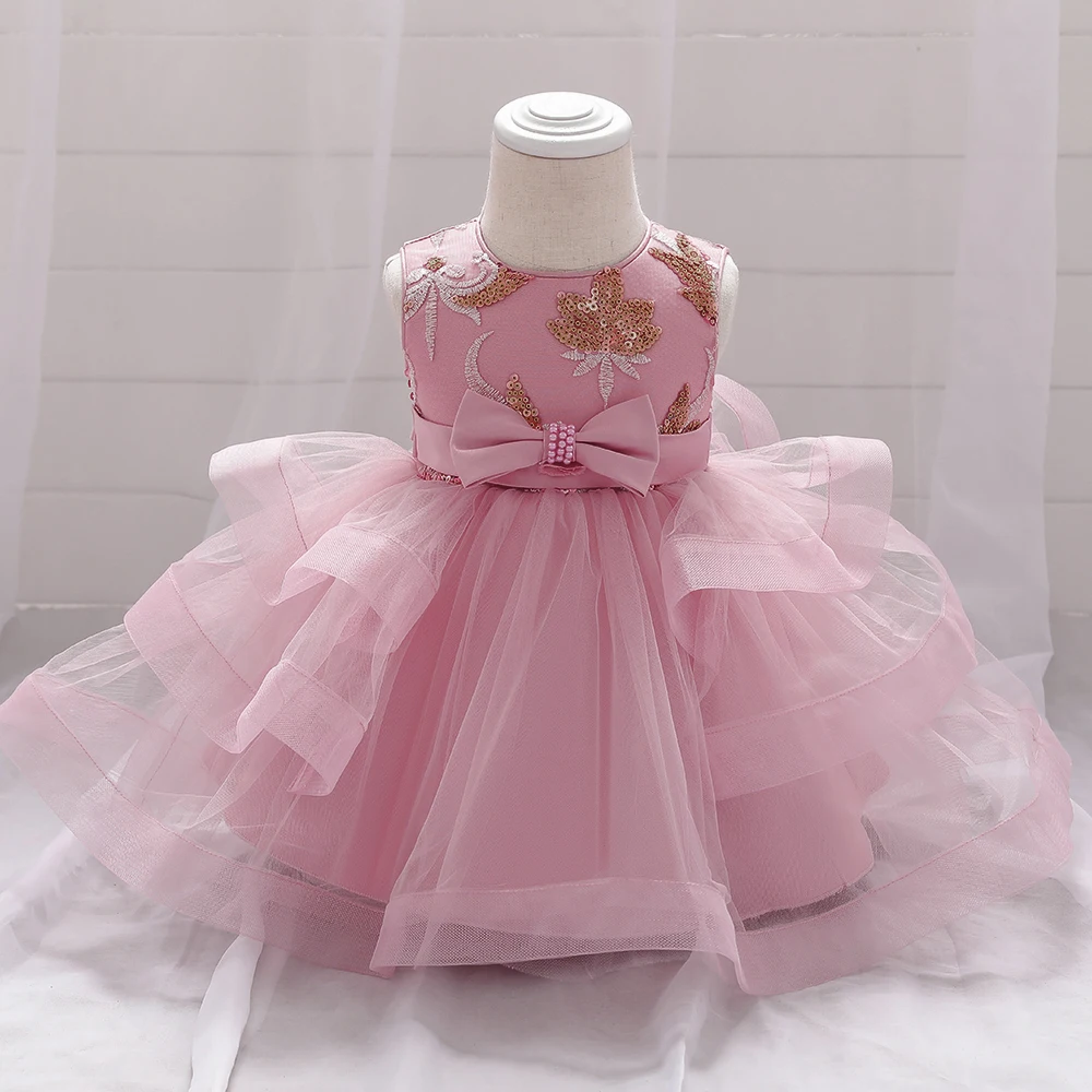 

Wholesale Embroidery Pearl Bow Design Party Baby Girls Dress Birthday Party Kids Frock L1929xz, Pink,peach,red
