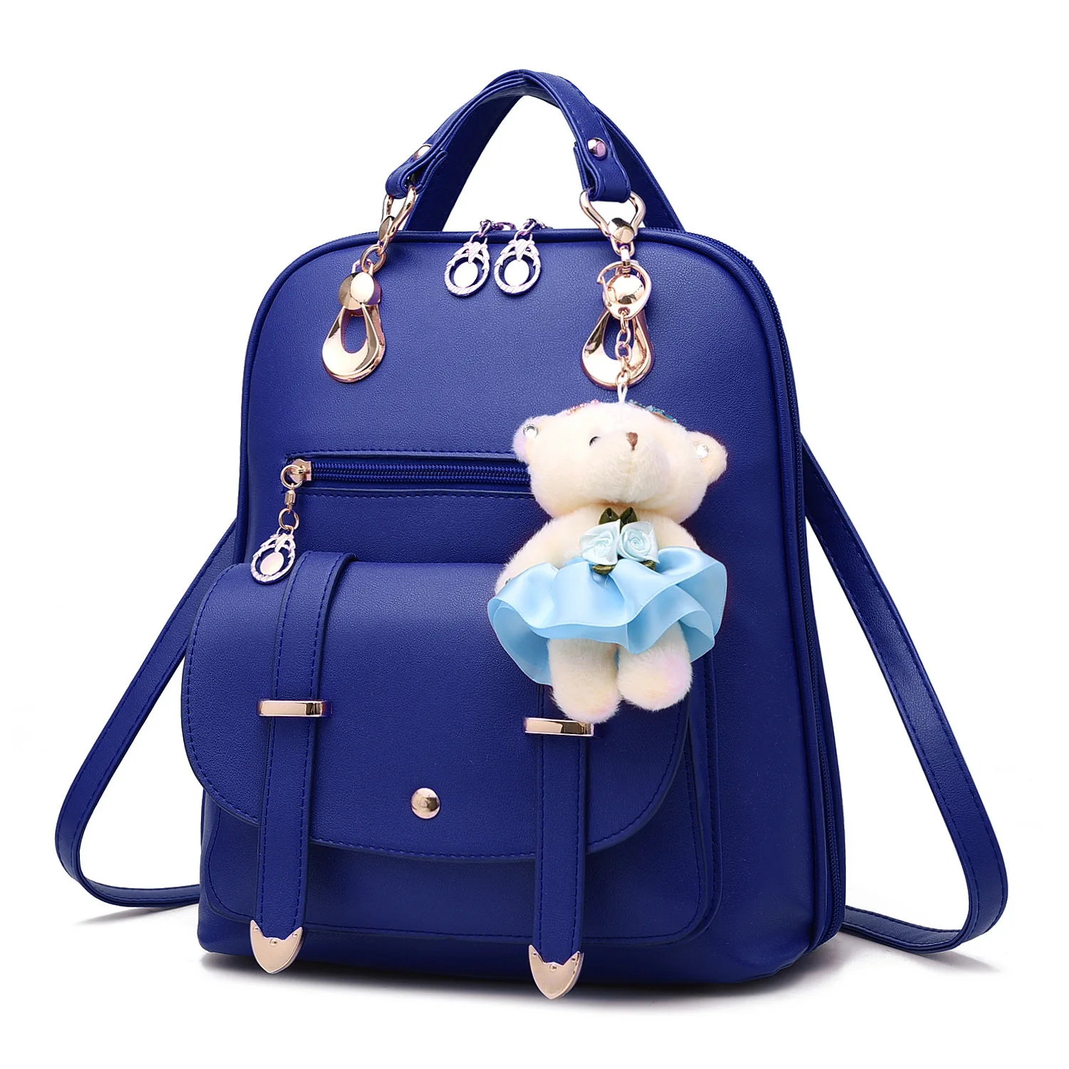 

Korean simple pu leather women woman backpack shoulder bag backpack for school girl college bags girls with little bear pendant