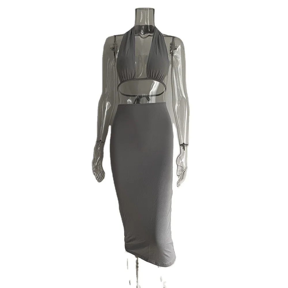 

2021 Summer suspender V-neck vest and Mid Calf skirt set bodicon sleeveless new sexy 2-piece suit for women