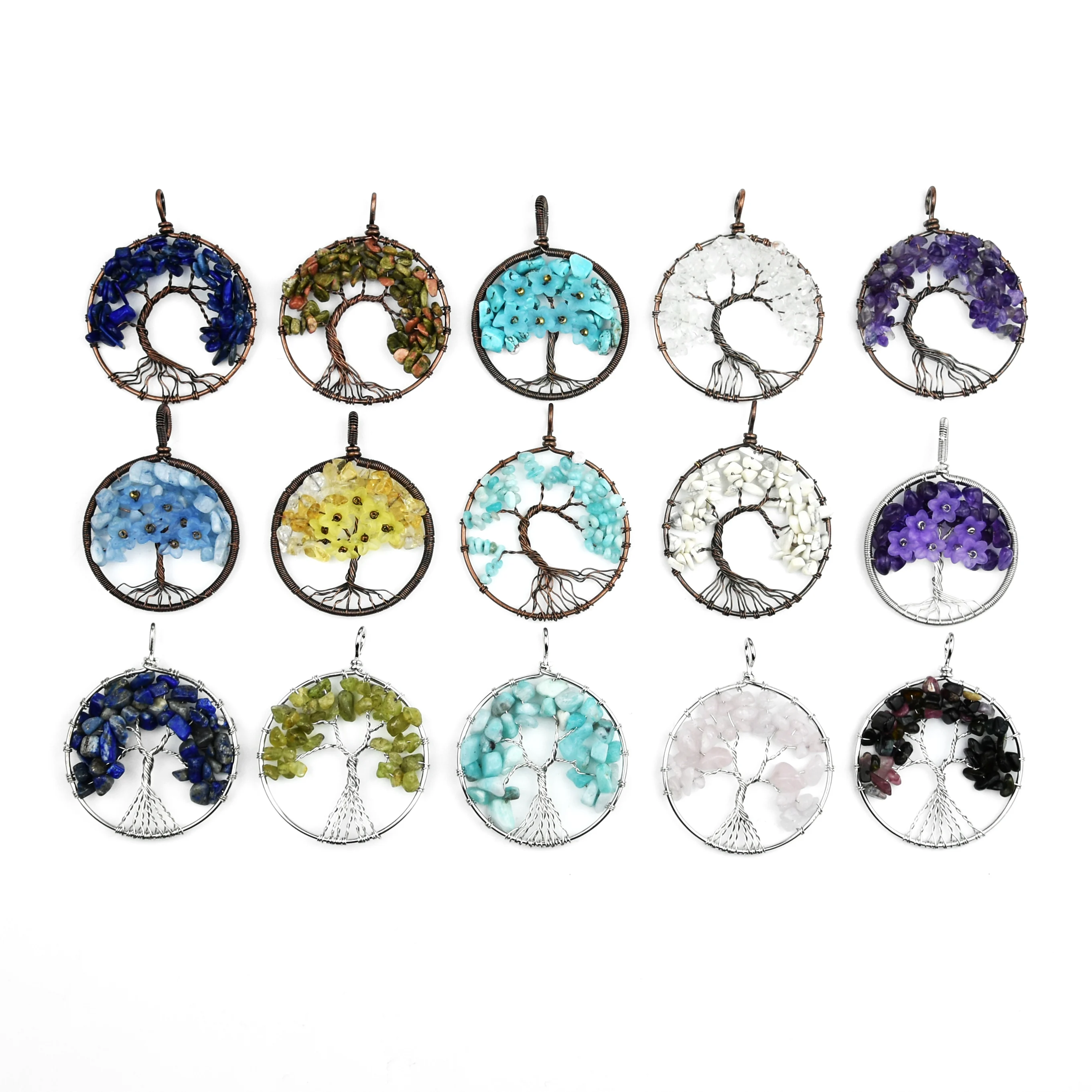 

Hot Sale Natural Crystal Healing Stone Crystal Charm Tree of Life Crystal Pendants, Various color