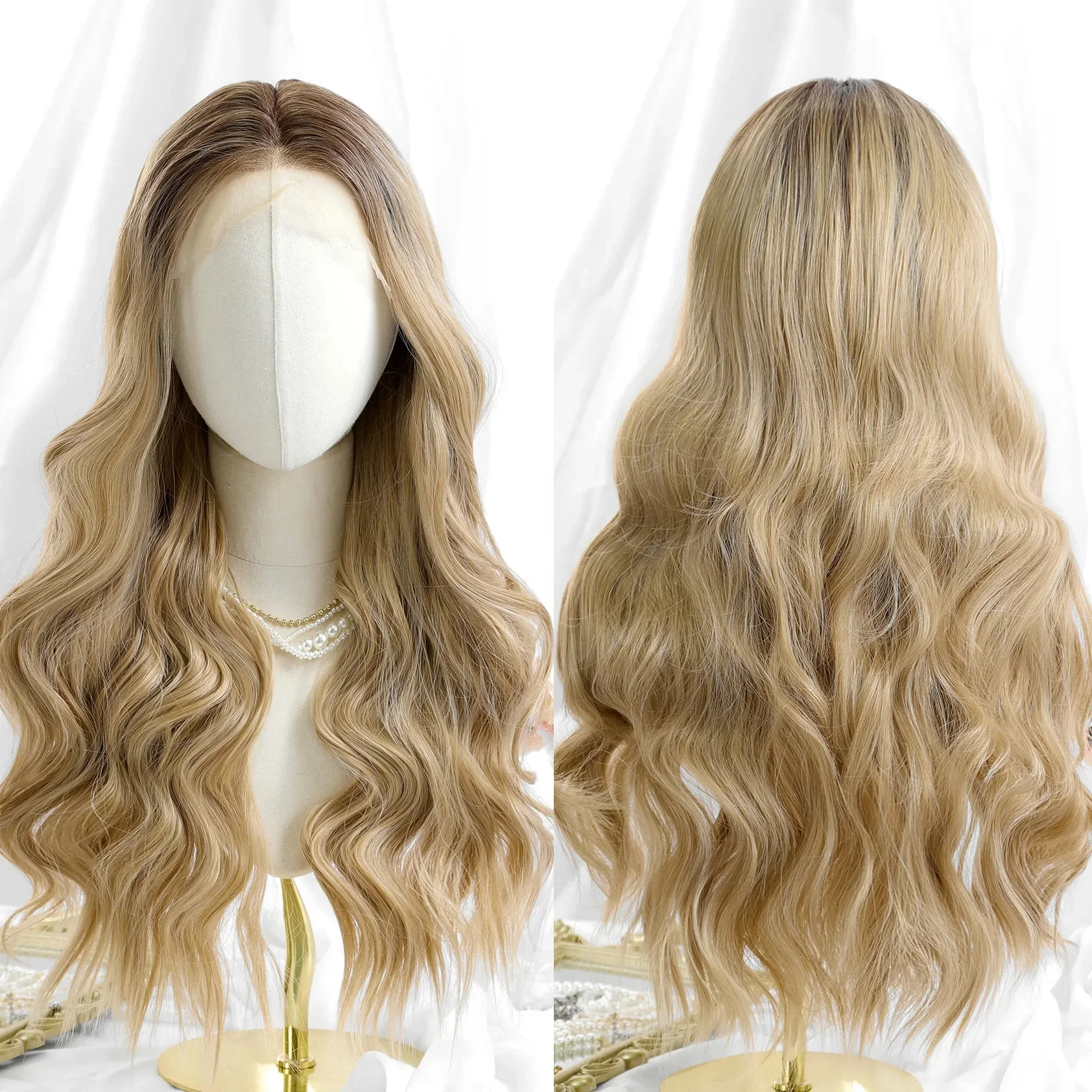 Japan Fiber Synthetic Women's 13x4 Lace Wig Long Wavy Wigs Blonde Color Daily Party High Density Heat Resistant Hair