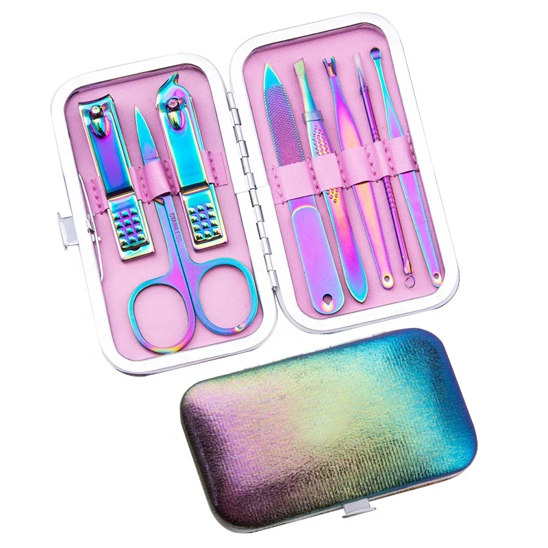 

Rainbow Manicure Set Luxury 8 In 1 Stainless Steel Pedicure Nail Clipper Travel Grooming kit Gift Women Colorful Leather Case, Rainbow color