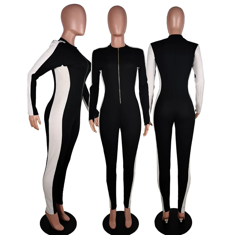 Fashion Lady Rompers Long Sleeve Patchwork Adjustable Neck Sexy Autumn Women One Piece Jumpsuits