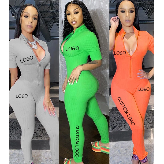 

Free Shipping Wholesale Autumn short Sleeve zipper Rompers One Piece Bodycon Women legging Jumpsuits And Rompers For Women, Customized color