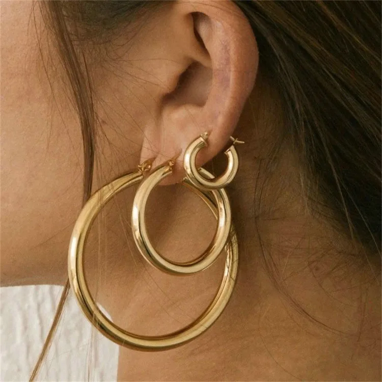 G1796 Women Jewelry Wholesale Gold Plated Chunky 4MM Thick Gold Stainless Steel Round Huggie Hoop Earrings