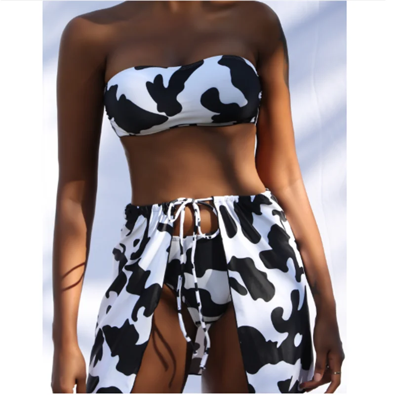 

2021 New cow pattern tube top three-piece split swimsuit hot sale tight-fitting backless bikini for women, Picture showed