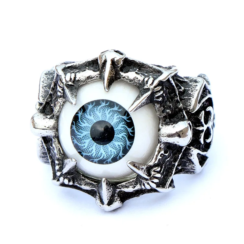 

Hiphop Jewelry Ghost Rider Blue Grey Punk Vintage Skull Men 316 Stainless Steel Devil Eyes Ring