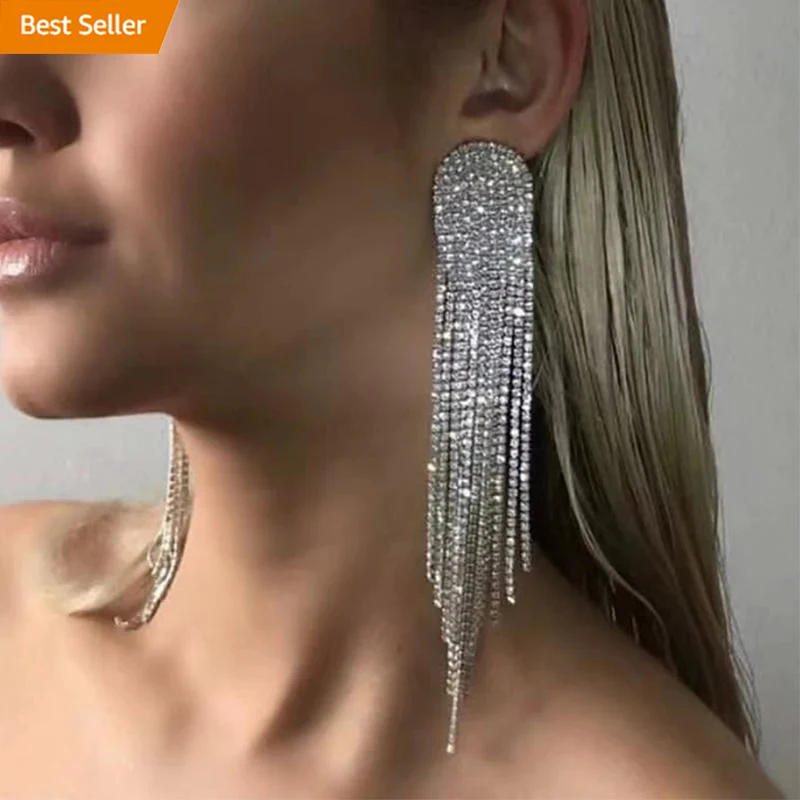 

Luxury Wedding silver geometric Alloy Crystal Rhinestone Diamond Long Chain Fringe Tassel Earrings Jewelry for Women