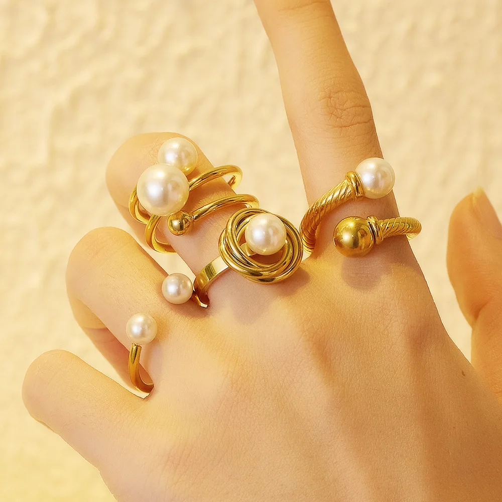 

Elegant Women Jewelry Pearl Zircon Ring Set PVD Gold Plated Stainless Steel Pearl Ring Sets For Girls