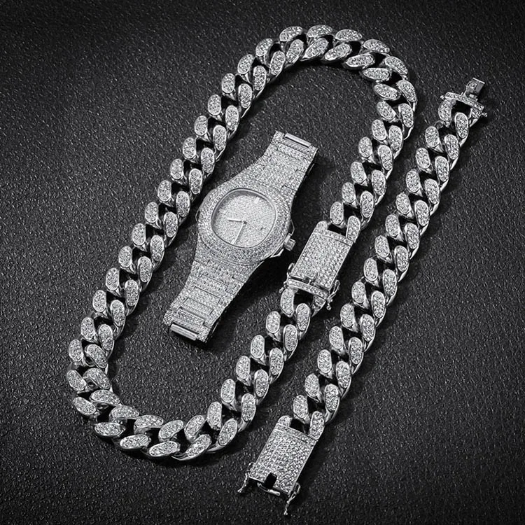 

Hip Hop 20mm Miami Curb Cuban Chain Necklace +Watch+Bracelet CZ Bling Rapper For Men Jewelry