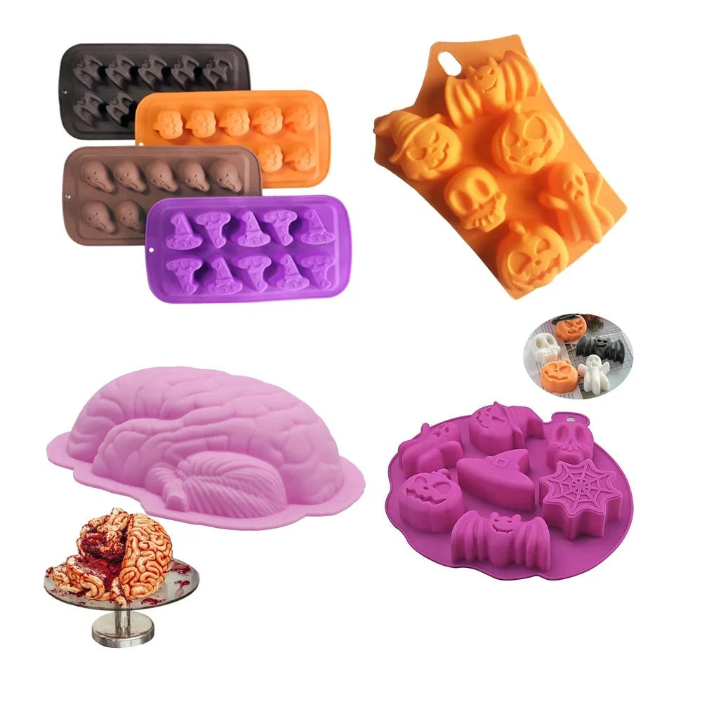 

DIY Halloween Candy Chocolate Moulds Pumpkin Wizard Hat Ghost Bat Skull Brain Baking Mold Silicone Halloween Cake Cookie Molds, Chocolate/custom