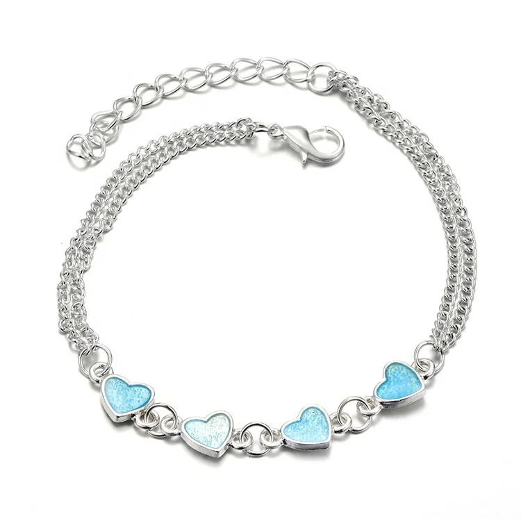 

European and American ladies beach wind blue luminous heart-shaped tassel chain anklet peach heart chain foot body jewelry, White gold