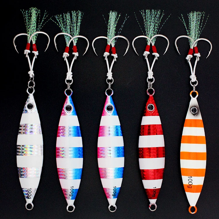 

FUNADAIKO 80g/100g/120gmetal jigging lure vertical saltwater luminous fishing hard bait high with big pulling double assist hook, 4 colors