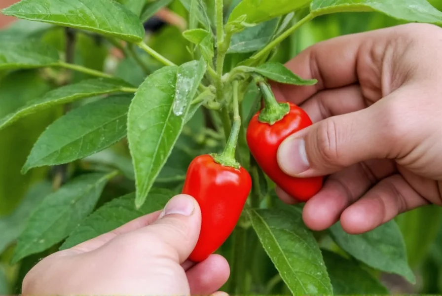 Hand harvesting ripe red Marconi peppers from garden plant showing proper cutting technique