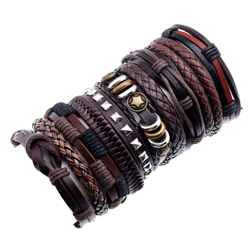

Stocks Sell Punk Leather Bracelet 10 pcs per set Fashionable DIY Jewelry Wholesale Price Handmade Cheap Wrap Bracelet For Men