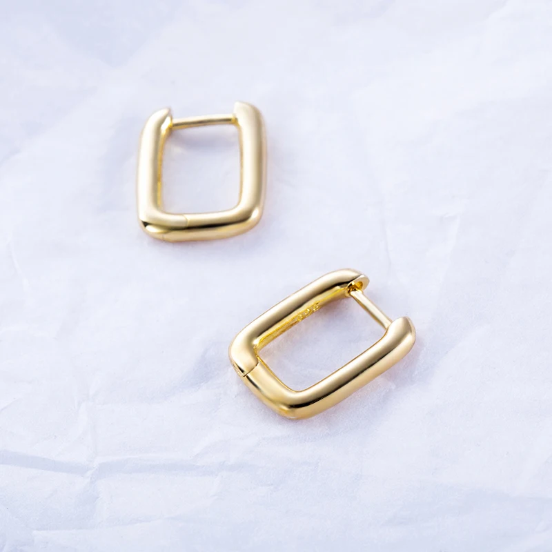 

New Design Luxury Trendy Custom 18K Gold Plated Square 925 Silver Jewelry Rectangle Large Huggie Hoop Women Statement Earrings