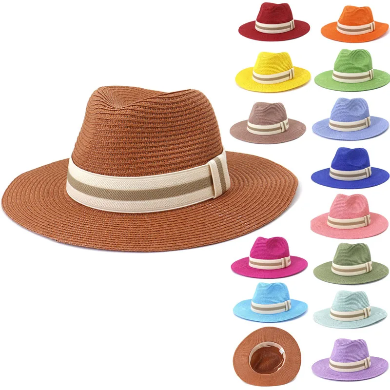 

New Fashion 14 Color In Stock Sun Beach Panama Straw Hat Amazon Hot Fedora Hats Paper Straw Hats With Ribbon