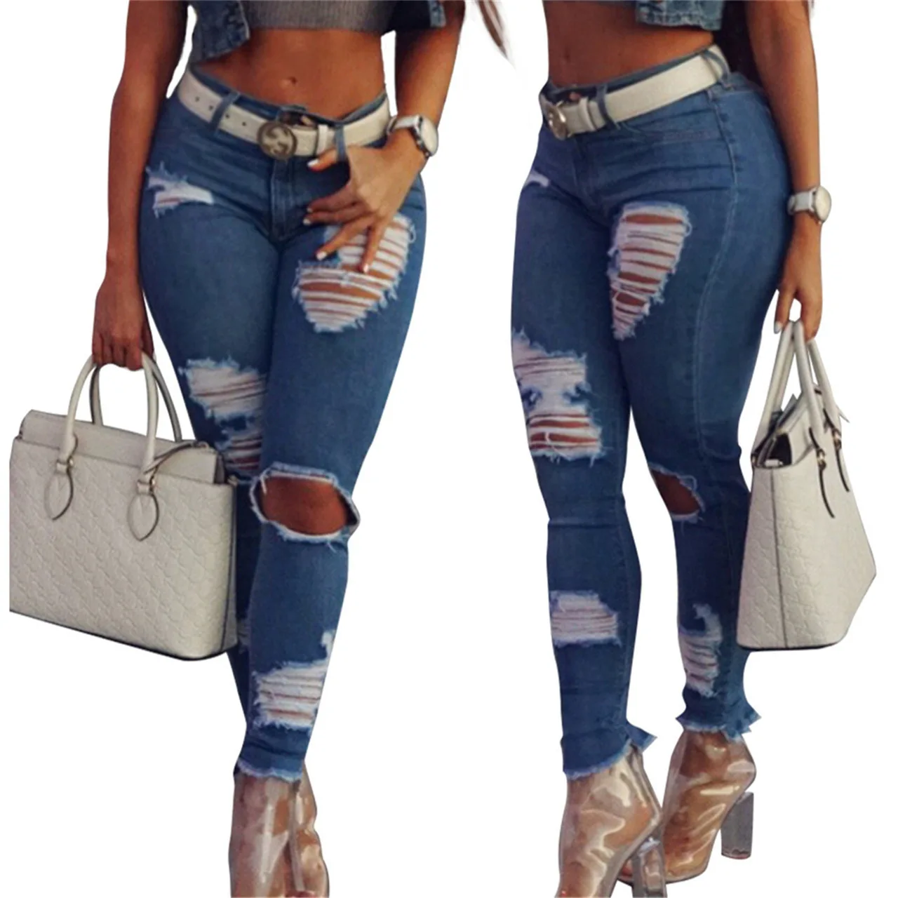 

Fashion Casual hole designer Slim Jeans Pantalones Woman Blue Denim Pencil Pants Stretch Waist ladies bodycon pants