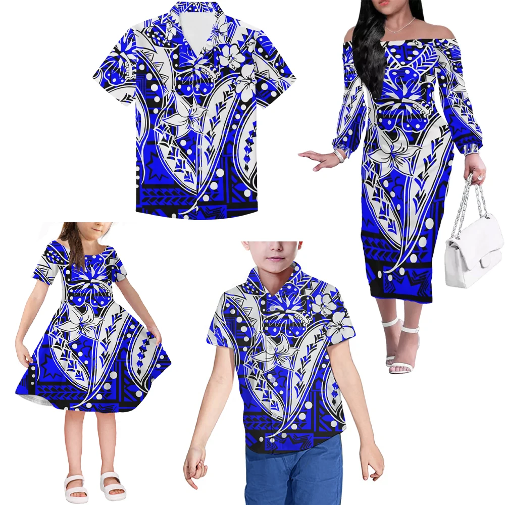 

New Arrivals Plu Size Adult Children's Clothing 4-piece Set Polynesian Tribal custom girl Dress boy Shirt Casual Family Sets, Customized color