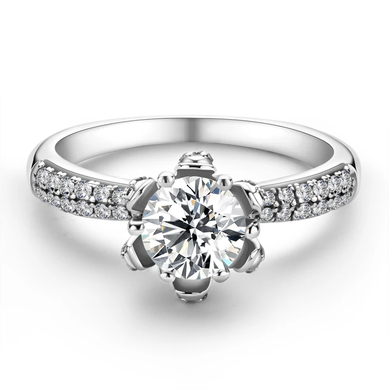 

Classic 1.0ct 6.5mm Brilliant Round Cut Moissanite 925 Sterling Silver Anniversary Engagement Flower Ring