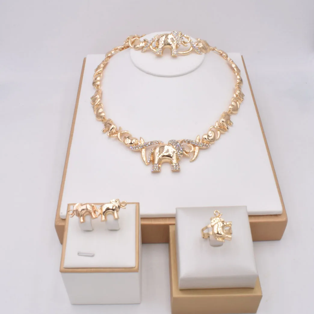 

XOXO Jewelry Cute Elephant Jewelry for Women Dubai gold jewelry set necklace earring bracelet ring wedding set NT0134, Gold color