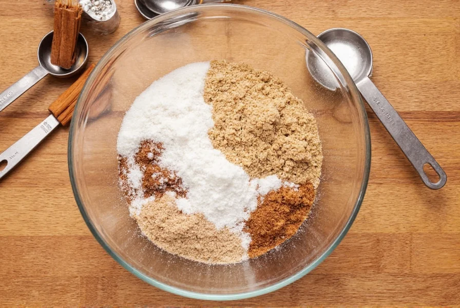 Homemade cinnamon crumble topping ingredients on wooden table with measuring spoons and cinnamon sticks