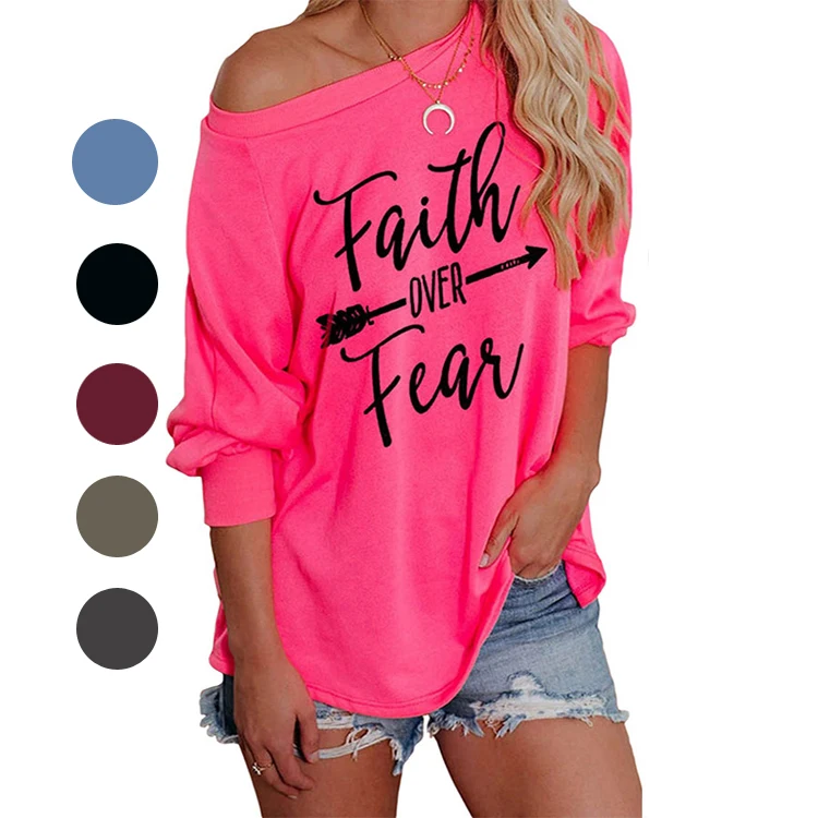 

Casual loose shirts Faith Over Fear fashionable long sleeve top workout ladies tops print t shirt women, 6 colors