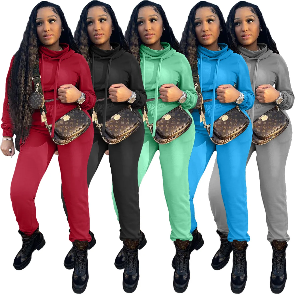 

GX126F Fashion Autumn Winter 2021 Casual Outfit High Neck Sports Long Sleeve Crop Hoodie And Sweatpants Two Piece Set Women, Picture