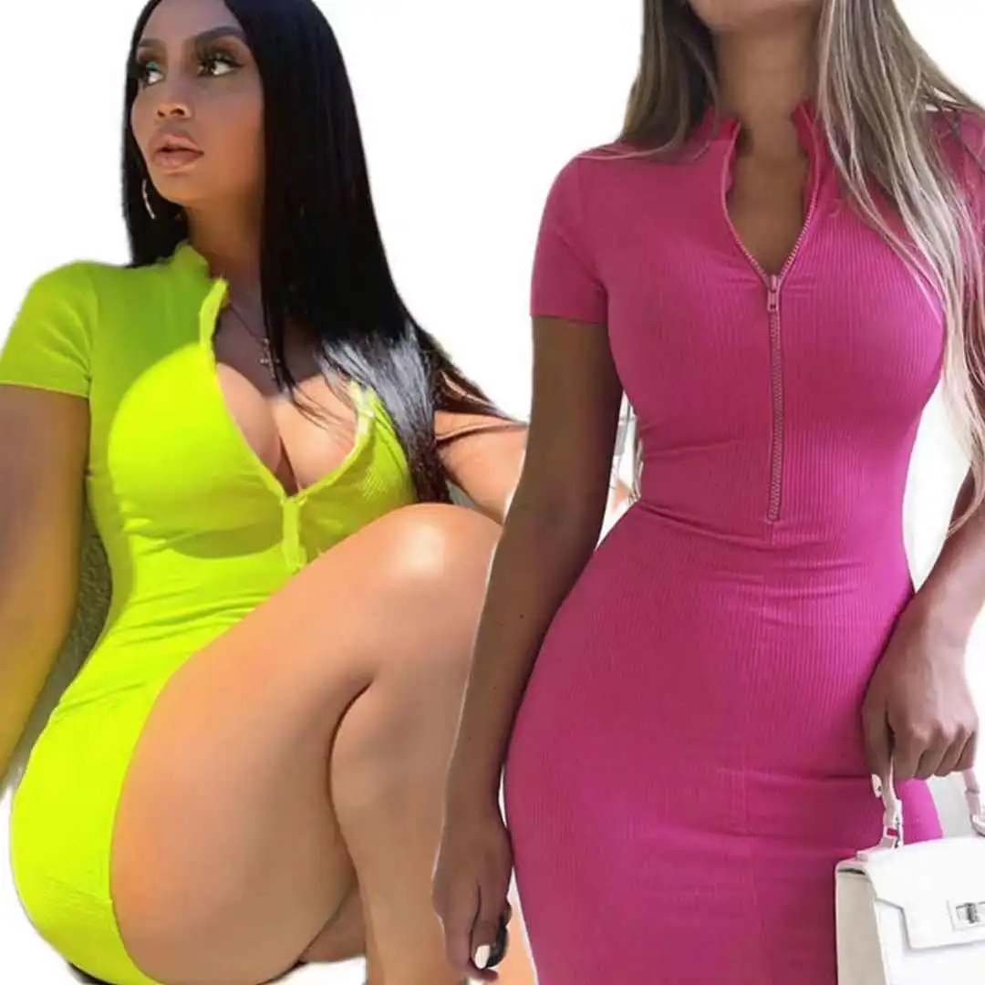 

Ribbed Skinny Bodycon Dresses Women Short Sleeve Summer MIni Dress Zipper Sexy Fashion Slim Solid Club Party Dress