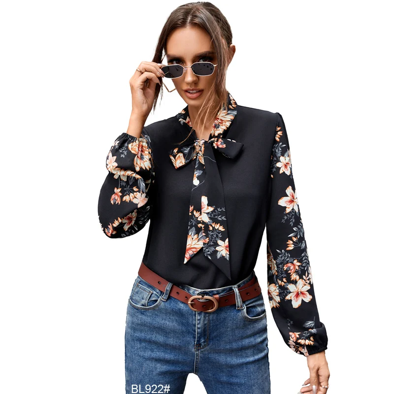 

For women 2021 European and American fashion women's new print blouse neck bow casual shirt tops
